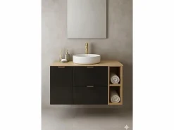Conjunto para baño 120 cm Armario con encimera Armario con cesta Estantería Roble Artisan / Orio Negro Best