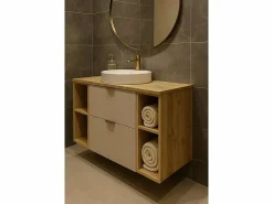 Conjunto para baño 100 cm Armario con encimera Estanterías Columna Roble Artisan / Cachemira Orio Beige