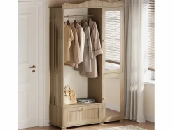 ModernLuxe Conjunto vestidor de entrada - 115,5x38,5x194,5 cm - con espejo y tendedero abierto - 1 cajón y 2 puertas - MDF - Color roble Color natural claro New