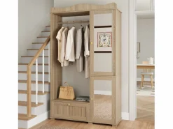 ModernLuxe Conjunto vestidor de entrada - 115,5x38,5x194,5 cm - con espejo y tendedero abierto - 1 cajón y 2 puertas - MDF - Color roble Color natural claro New