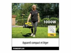 Cortacésped|Cortacésped eléctrico POWERPLUS 1000W, 32 cm, Cesto 30L, 3 alturas ajustables, Expulsión trasera, Compacto y ligero