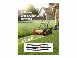 Cortacésped|Cortacésped Manual SucceBuy, Ancho de Corte 35cm, 5 Cuchillas de Acero, Altura de Corte Ajustable de 1.5 a 4.5 cm, Equipado con Bolsa de Recogida