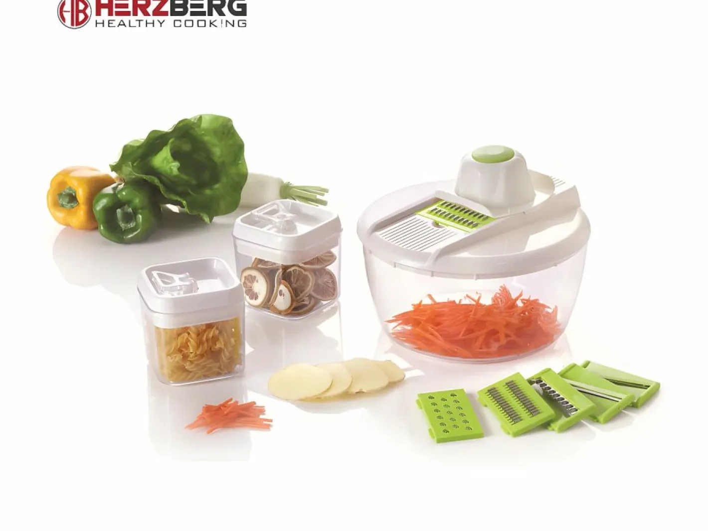 Materiales Y Utensilios De Cocina|Cortadora de verduras Herzberg HG-8032 con 6 cuchillas de acero inoxidable, bol de 600 ml y 2 recipientes herméticos sin BPA