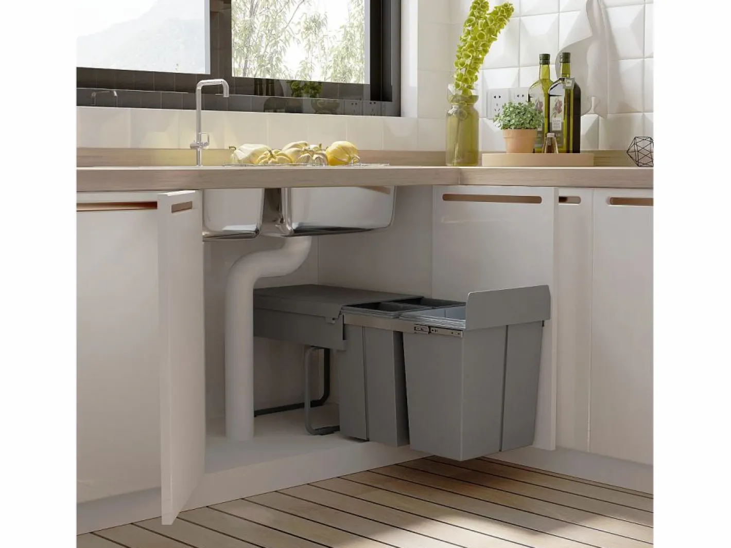Cubo De Basura Para Cocina|Cubo de basura empotrable de 40L, sistema de clasificación con 3 compartimentos extraíbles, plástico, (48x34,2x41,8 cm)