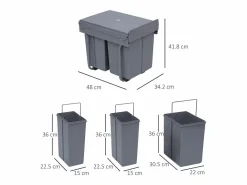 Cubo De Basura Para Cocina|Cubo de basura empotrable de 40L, sistema de clasificación con 3 compartimentos extraíbles, plástico, (48x34,2x41,8 cm)