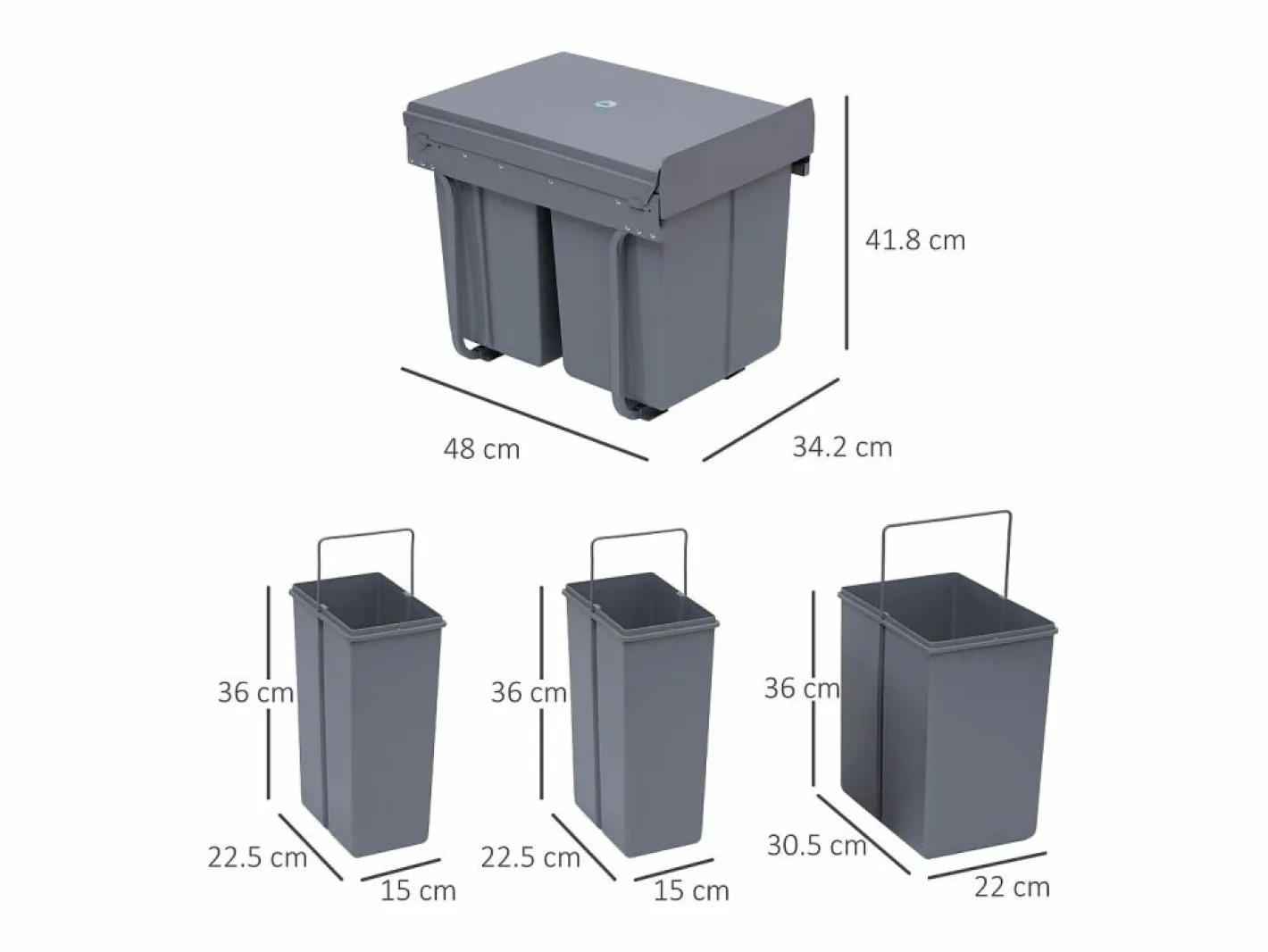 Cubo De Basura Para Cocina|Cubo de basura empotrable de 40L, sistema de clasificación con 3 compartimentos extraíbles, plástico, (48x34,2x41,8 cm)