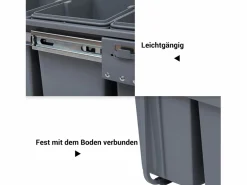 Cubo De Basura Para Cocina|Cubo de basura empotrable de 40L, sistema de clasificación con 3 compartimentos extraíbles, plástico, (48x34,2x41,8 cm)