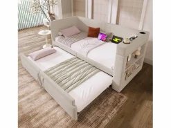 Daybed - 90 x 200 cm + 90 x 190 cm - con cama nido - reposabrazos con USB + almacenaje - madera + algodón + metal -^Merax Sale