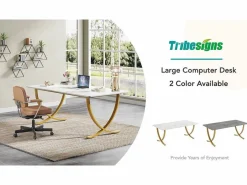 Despacho de ordenador, Mesa de escritorio informático de 160 cm, Mesa de estudio moderna para PC, Mesa de trabajo, Mesa de comedor, y Oro^Tribesigns Best
