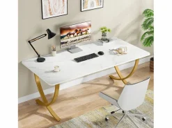 Despacho de ordenador, Mesa de escritorio informático de 160 cm, Mesa de estudio moderna para PC, Mesa de trabajo, Mesa de comedor, y Oro^Tribesigns Best