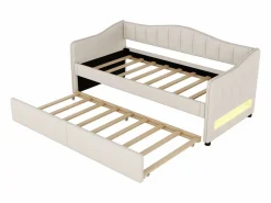 Diván cama con LED 90x200cm + cama nido 90x190cm - tapizado en tela de lino - (colchón no incluido)^ModernLuxe Clearance