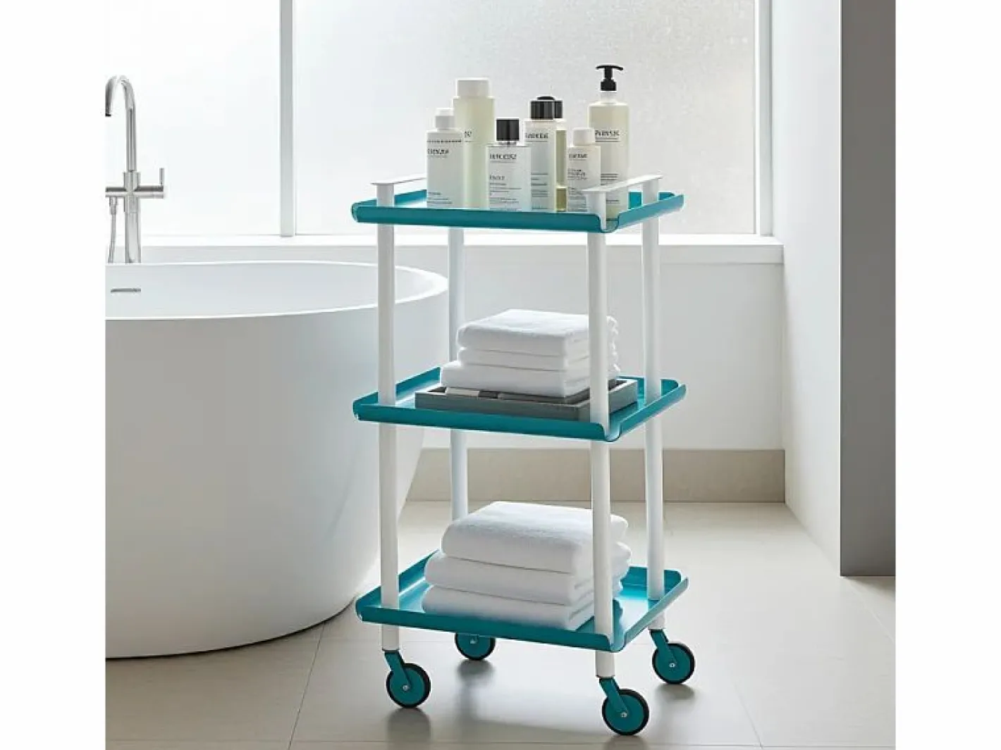 Don Hierro - Carrito auxiliar LEKY, armazón blanco, 3 estantes. Multifuncional, práctico y decorativo- Azul turquesa New