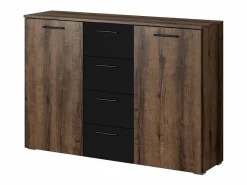 Meublorama Dormitorio Completo|Dormitorio EOS: Armario, Cama 180x200, cómoda, mesitas de noche. Color roble oscuro y negro.