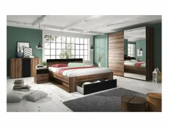 Meublorama Dormitorio Completo|Dormitorio EOS: Armario, Cama 180x200, cómoda, mesitas de noche. Color roble oscuro y negro.