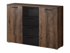 Dormitorio FLOYD: Armario de 200 cm, Cama de 180x200, cómoda, mesitas de noche. Color roble oscuro y negro brillante.^Meublorama Outlet