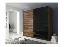 Dormitorio FLOYD: Armario de 200 cm, Cama de 180x200, cómoda, mesitas de noche. Color roble oscuro y negro brillante.^Meublorama Outlet