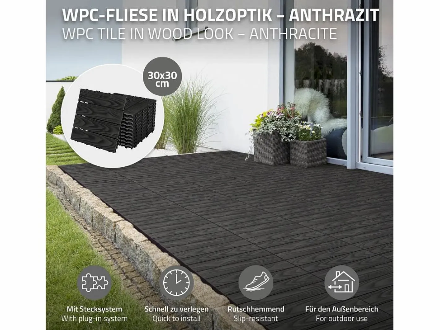 ML-DESIGN Terraza|ECD Germany Baldosas para exterior de WPC antracita 30x30cm efecto madera 44 piezas para 4m² con sistema clic, losas para terraza, balcón o patio