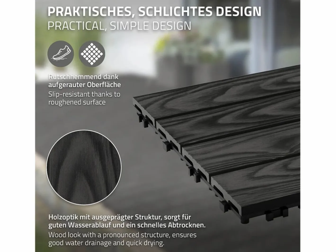 ML-DESIGN Terraza|ECD Germany Baldosas para exterior de WPC antracita 30x30cm efecto madera 44 piezas para 4m² con sistema clic, losas para terraza, balcón o patio