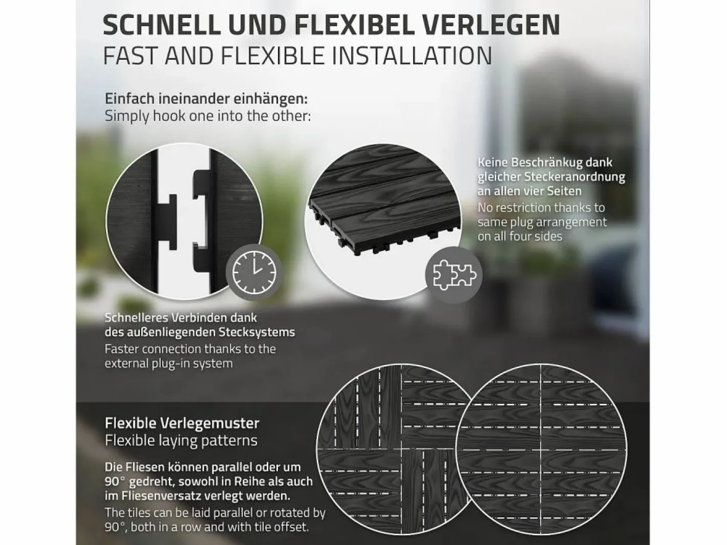 ML-DESIGN Terraza|ECD Germany Baldosas para exterior de WPC antracita 30x30cm efecto madera 44 piezas para 4m² con sistema clic, losas para terraza, balcón o patio