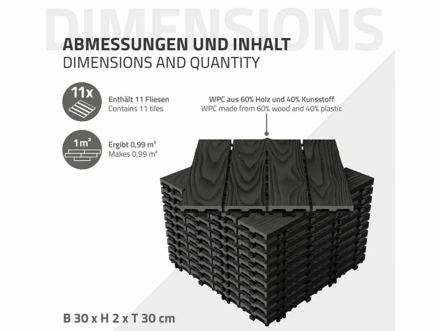 ML-DESIGN Terraza|ECD Germany Baldosas para exterior de WPC antracita 30x30cm efecto madera 44 piezas para 4m² con sistema clic, losas para terraza, balcón o patio