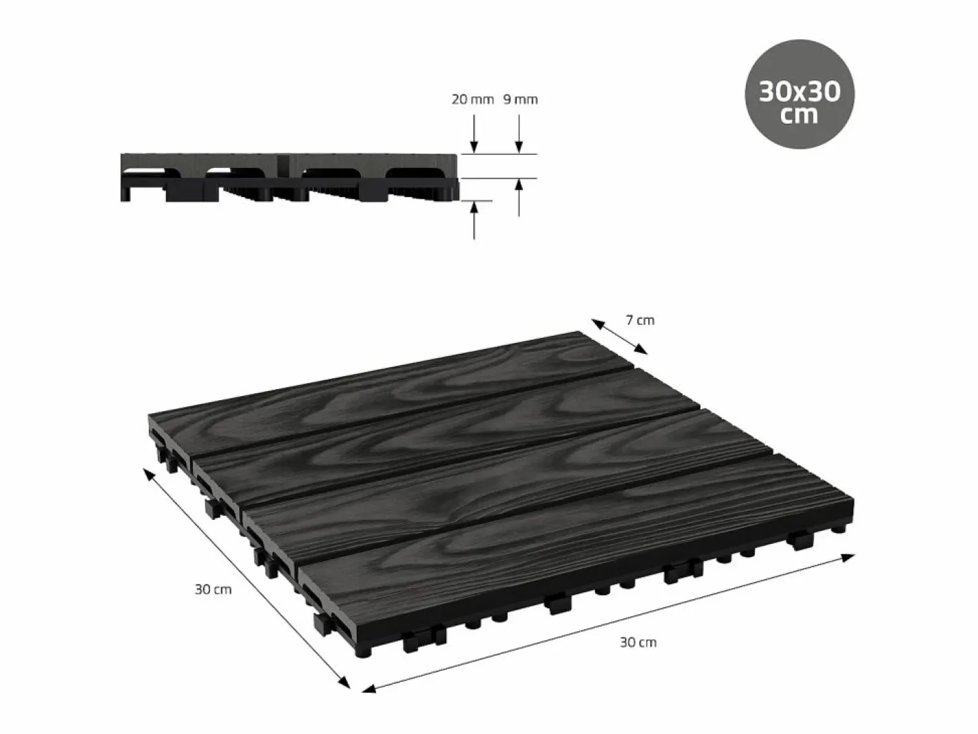 ML-DESIGN Terraza|ECD Germany Baldosas para exterior de WPC antracita 30x30cm efecto madera 44 piezas para 4m² con sistema clic, losas para terraza, balcón o patio