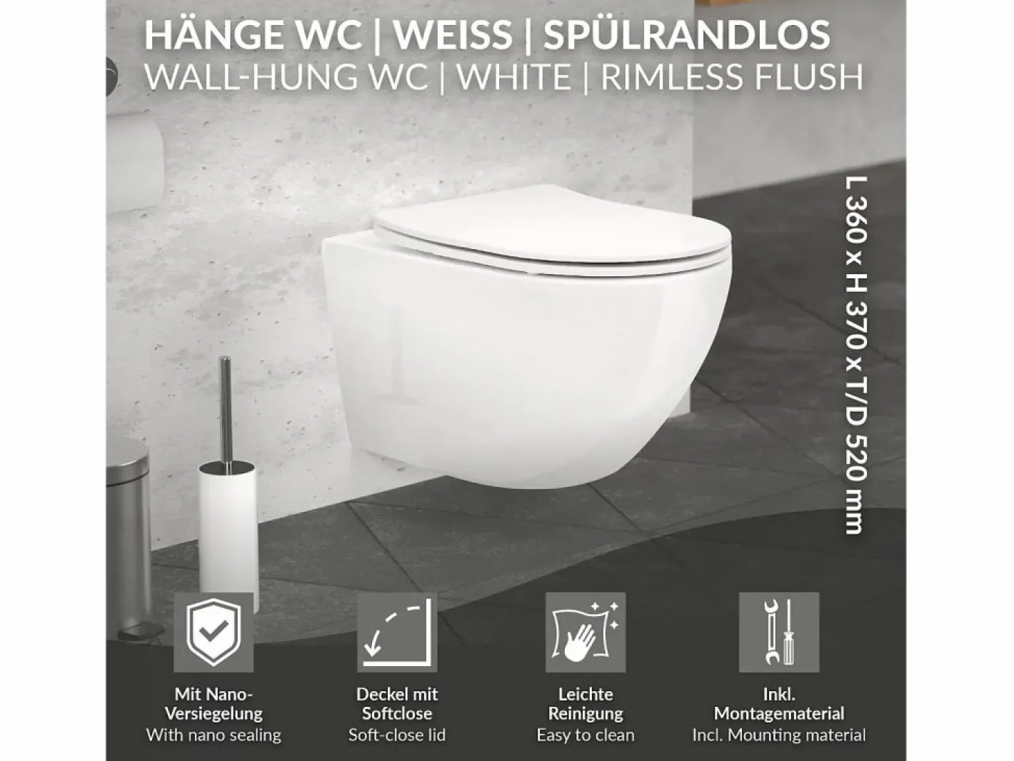 ECD Germany Inodoro suspendido sin borde de cerámica , revestimiento Nano, inodoro suspendido de pared de 52 cm de largo, con asiento Softclose^LuxeBath Outlet