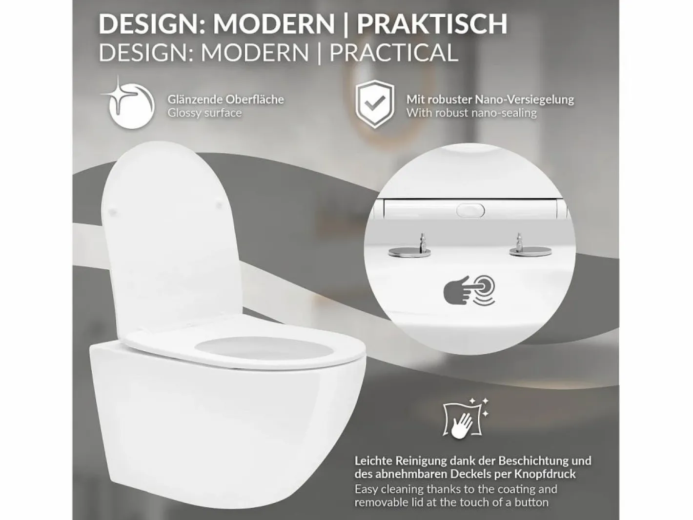ECD Germany Inodoro suspendido sin borde de cerámica , revestimiento Nano, inodoro suspendido de pared de 52 cm de largo, con asiento Softclose^LuxeBath Outlet