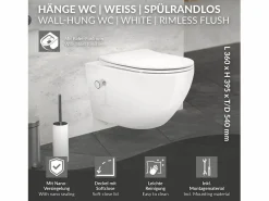 LuxeBath ECD Germany Inodoro suspendido sin brida, largo 52 cm, , con función bidé, revestimiento Nano, de cerámica, tapa de inodoro, cierre suave, cisterna Blanco Hot