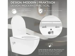 LuxeBath ECD Germany Inodoro suspendido sin brida, largo 52 cm, , con función bidé, revestimiento Nano, de cerámica, tapa de inodoro, cierre suave, cisterna Blanco Hot