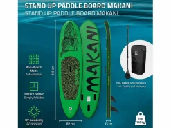 ECD Germany Tabla hinchable de paddle surf SUP Makani 320 x 80 x 15 cm de PVC hasta 120kg con bomba de aire, bolsa de transporte y accesorios Verde Discount