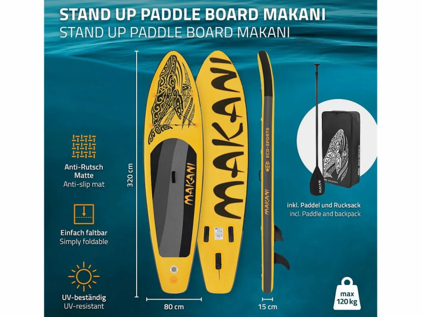 ECD Germany Tabla hinchable de paddle surf SUP Makani 320 x 80 x 15 cm de PVC color con bomba de aire, bolsa de transporte y accesorios Amarillo