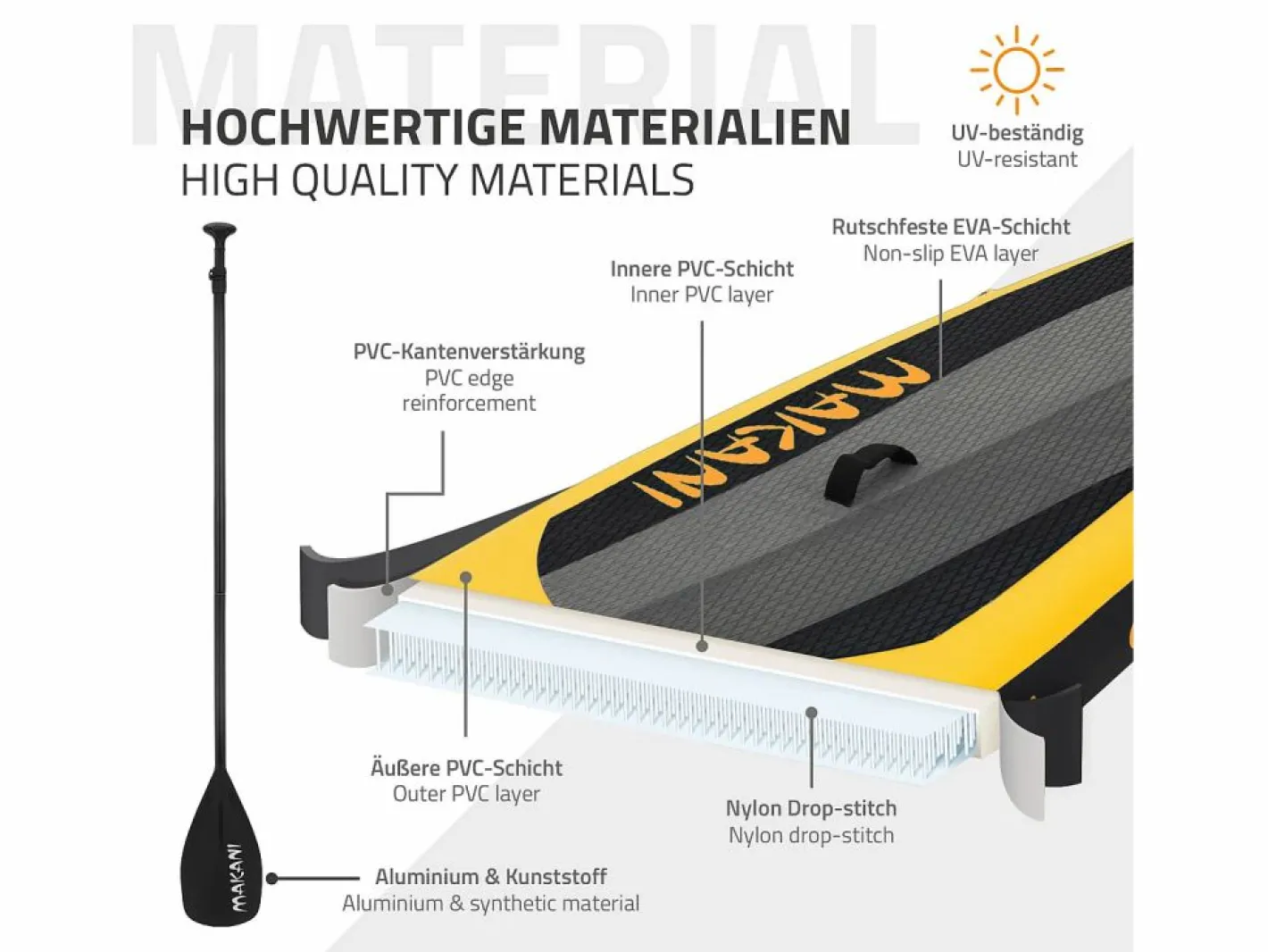 ECD Germany Tabla hinchable de paddle surf SUP Makani 320 x 80 x 15 cm de PVC color con bomba de aire, bolsa de transporte y accesorios Amarillo