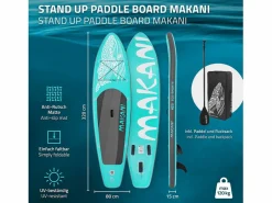 Tabla hinchable de paddle surf SUP Makani 320 x 80 x 15 cm de PVC turquesa hasta 120kg con bomba de aire, bolsa de transporte y accesorios^ECD Germany Outlet