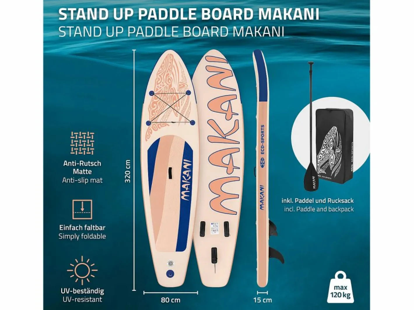 ECD Germany Tabla hinchable de paddle surf SUP Makani 320 x 80 x 15 cm de PVC color albaricoque con bomba de aire, bolsa de transporte y accesorios Naranja claro Online