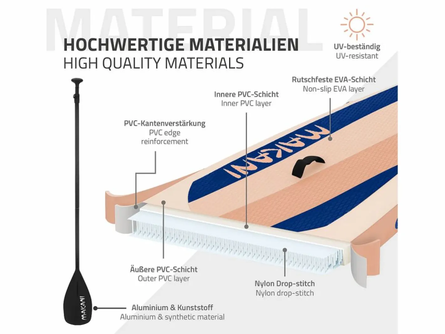 ECD Germany Tabla hinchable de paddle surf SUP Makani 320 x 80 x 15 cm de PVC color albaricoque con bomba de aire, bolsa de transporte y accesorios Naranja claro Online