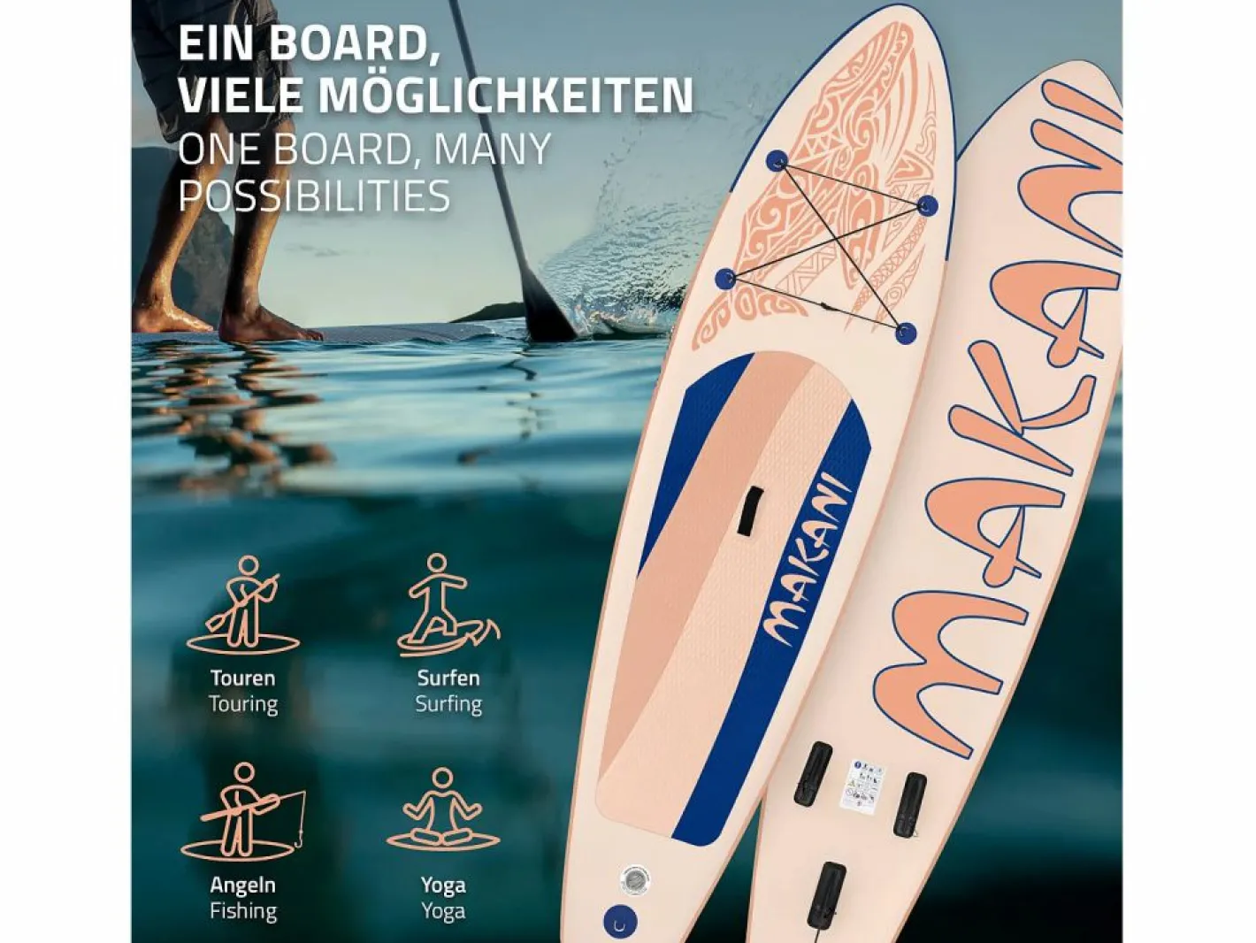 ECD Germany Tabla hinchable de paddle surf SUP Makani 320 x 80 x 15 cm de PVC color albaricoque con bomba de aire, bolsa de transporte y accesorios Naranja claro Online