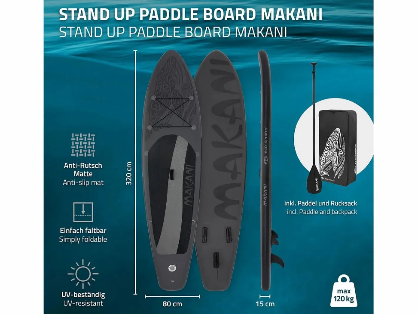 ECD Germany Tabla hinchable de paddle surf SUP Makani 320 x 80 x 15 cm de PVC hasta 120kg con bomba de aire, bolsa de transporte y accesorios Negro Best