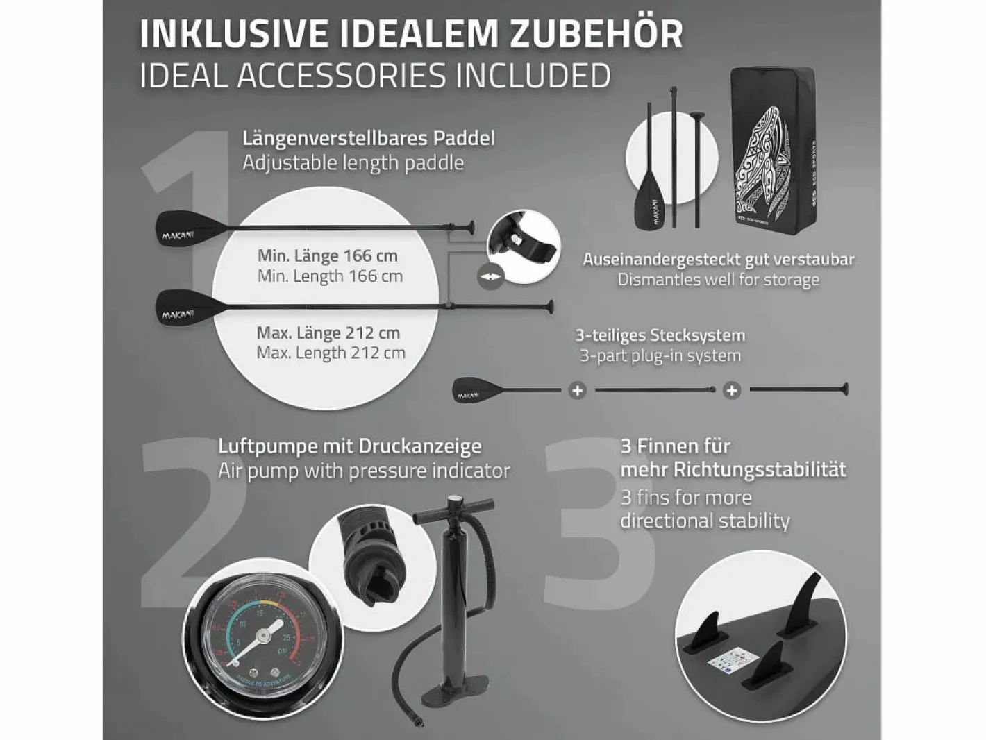 ECD Germany Tabla hinchable de paddle surf SUP Makani 320 x 80 x 15 cm de PVC hasta 120kg con bomba de aire, bolsa de transporte y accesorios Negro Best
