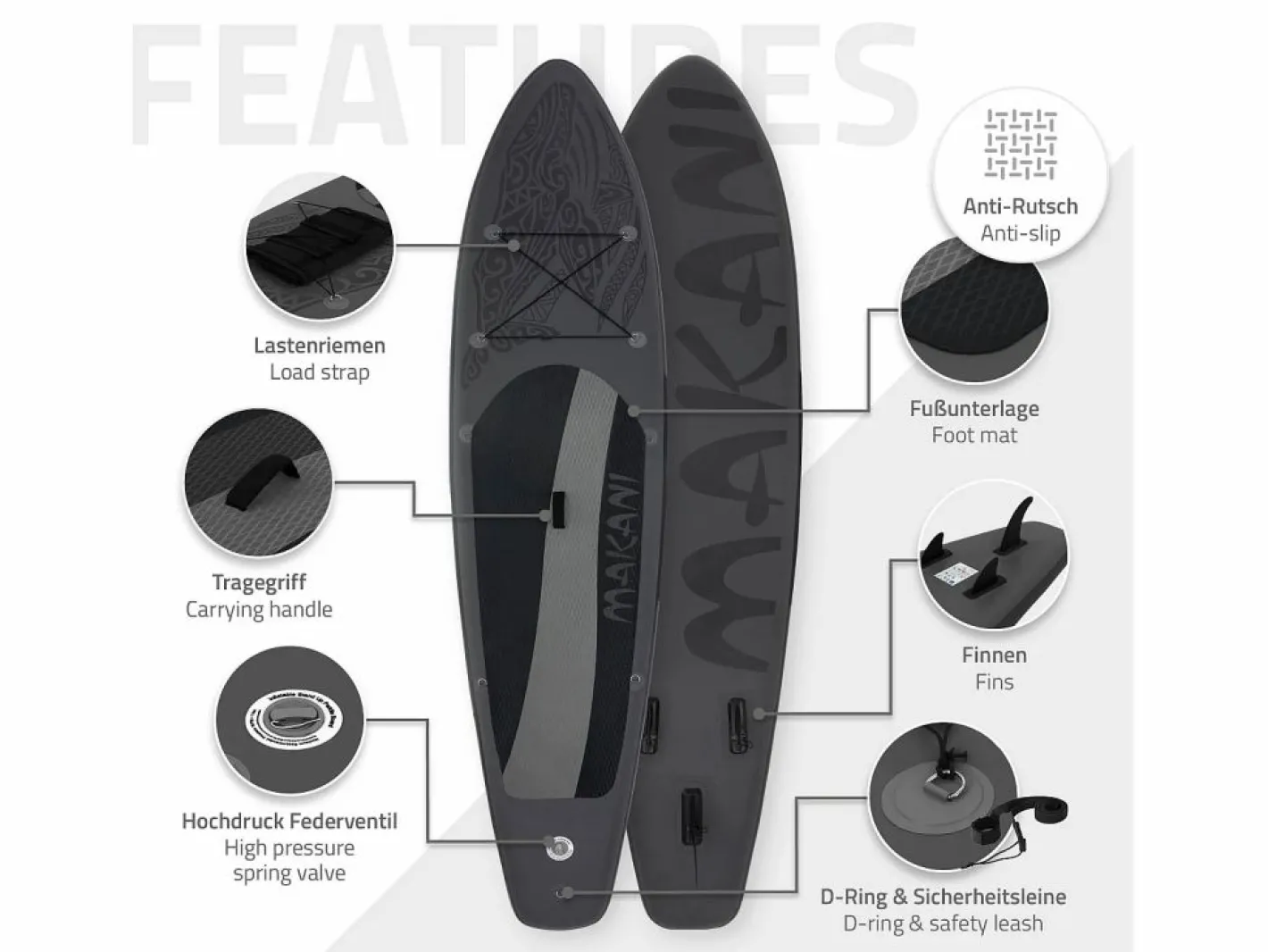 ECD Germany Tabla hinchable de paddle surf SUP Makani 320 x 80 x 15 cm de PVC hasta 120kg con bomba de aire, bolsa de transporte y accesorios Negro Best
