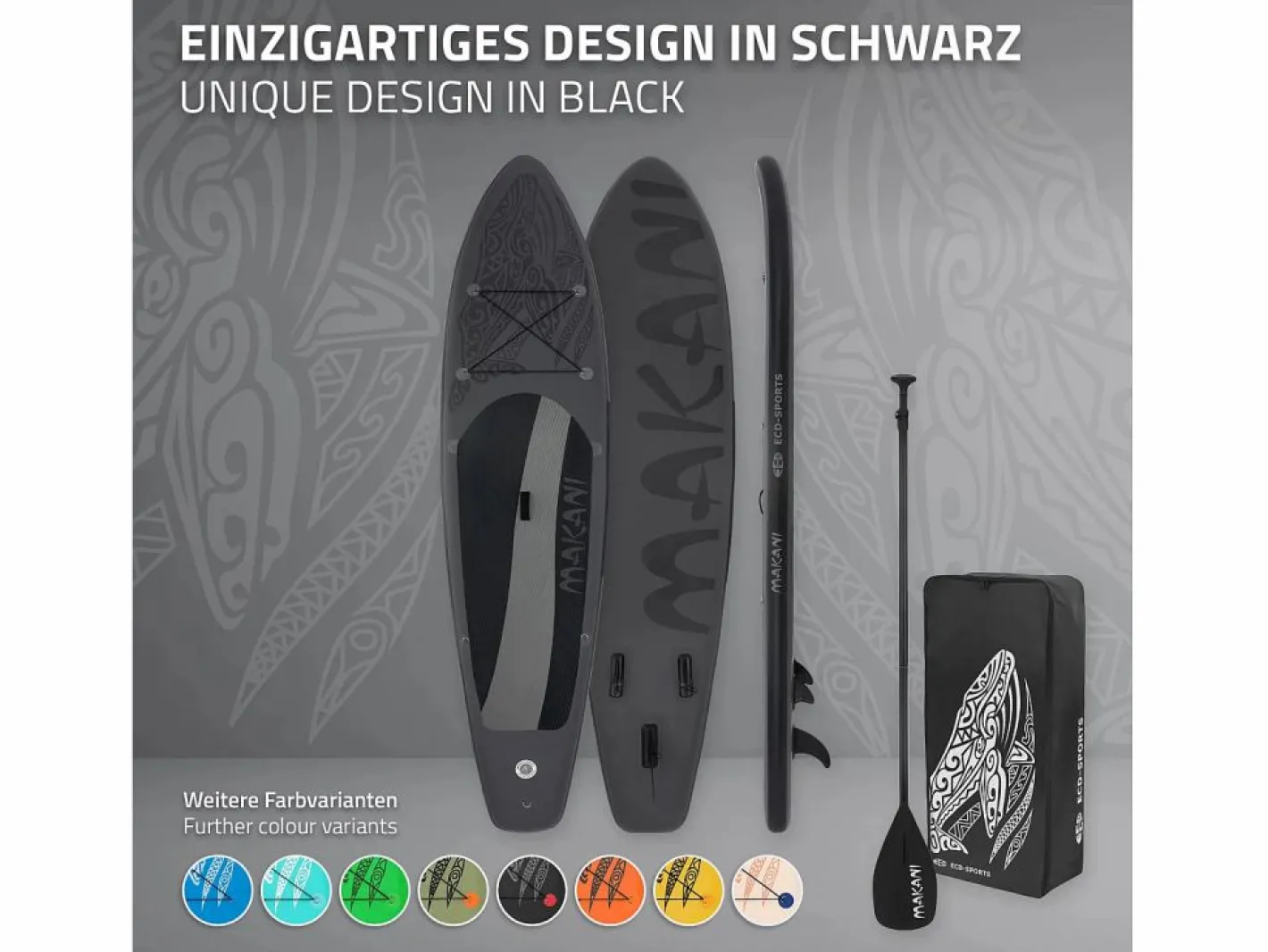 ECD Germany Tabla hinchable de paddle surf SUP Makani 320 x 80 x 15 cm de PVC hasta 120kg con bomba de aire, bolsa de transporte y accesorios Negro Best