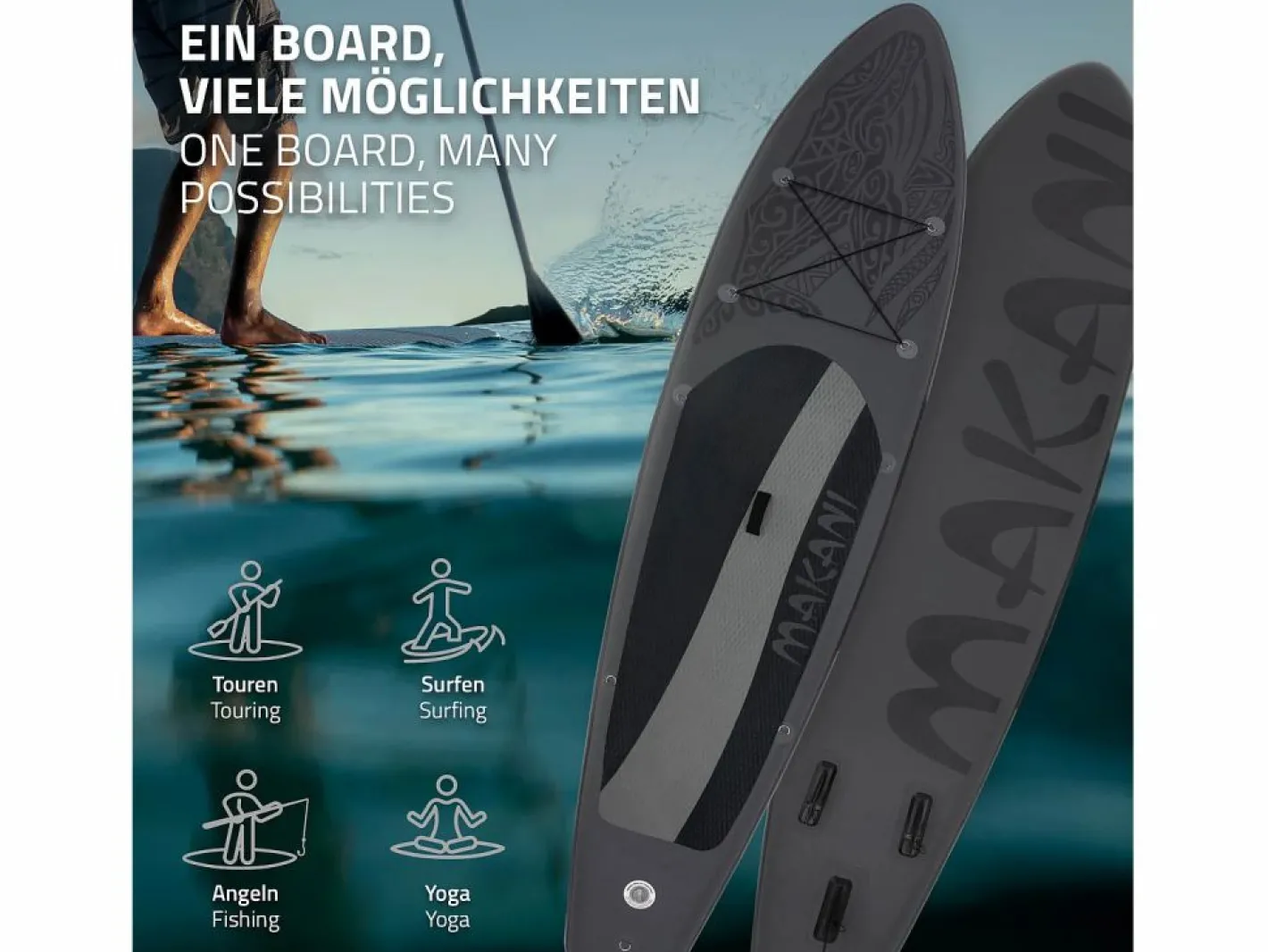 ECD Germany Tabla hinchable de paddle surf SUP Makani 320 x 80 x 15 cm de PVC hasta 120kg con bomba de aire, bolsa de transporte y accesorios Negro Best