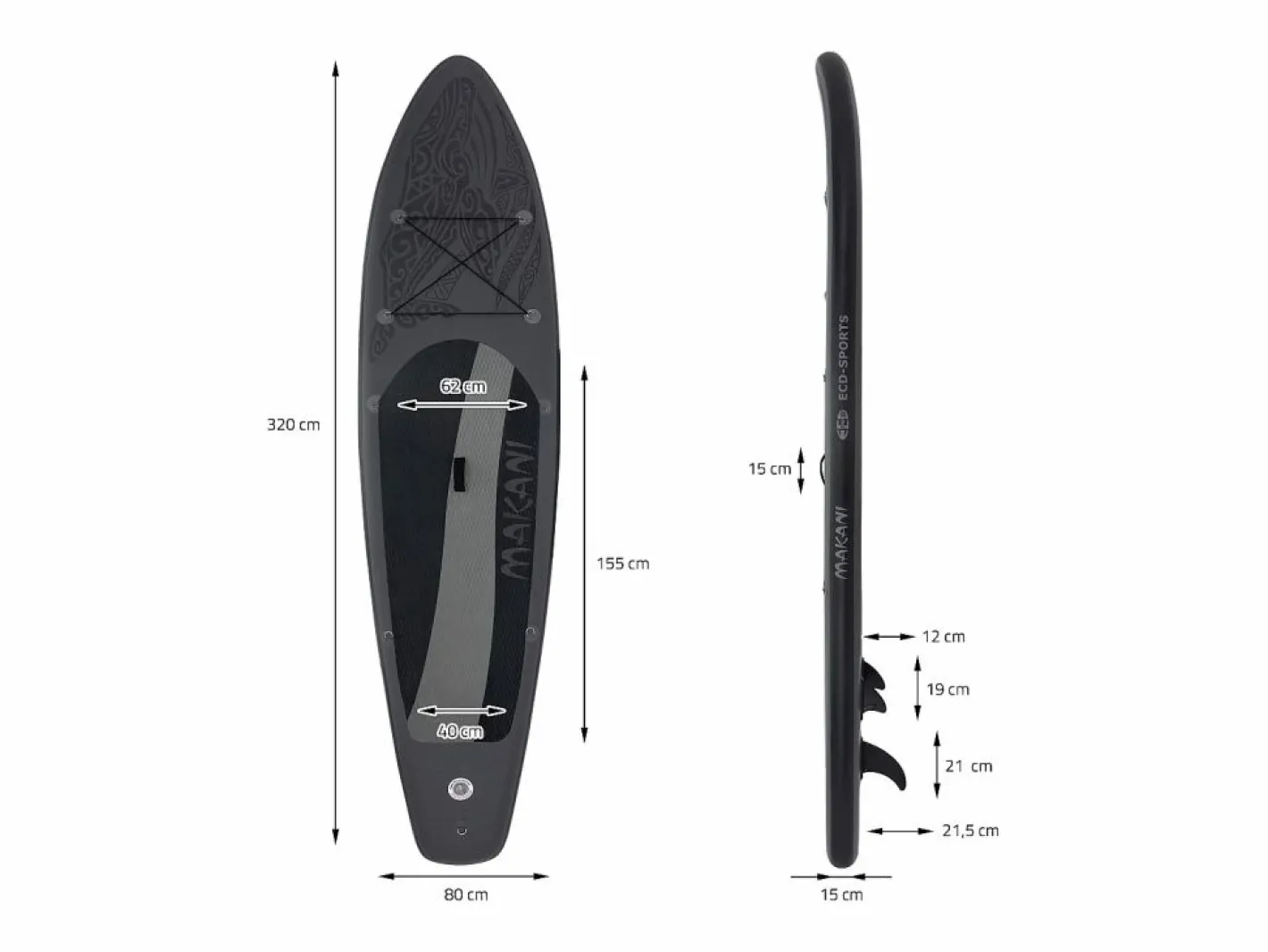 ECD Germany Tabla hinchable de paddle surf SUP Makani 320 x 80 x 15 cm de PVC hasta 120kg con bomba de aire, bolsa de transporte y accesorios Negro Best
