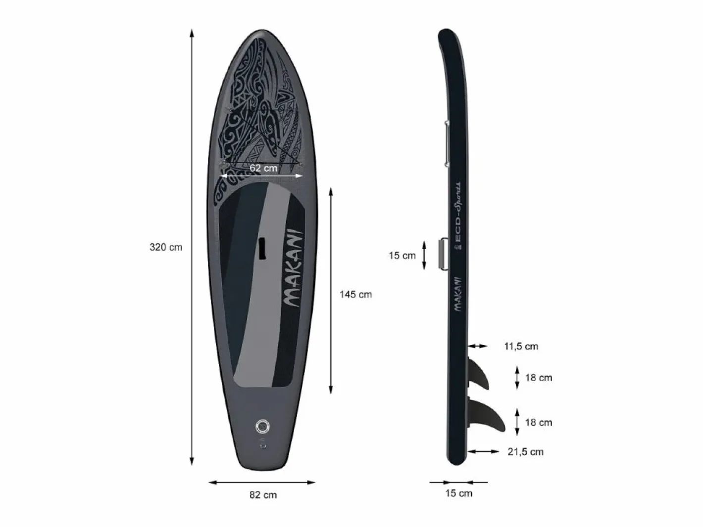 ECD Germany Tabla hinchable de paddle surf SUP Makani 320 x 80 x 15 cm de PVC hasta 120kg con bomba de aire, bolsa de transporte y accesorios Negro Best