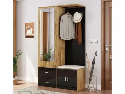 KOMHTOM Armario De Entrada|Elegante conjunto de armario en y madera en bruto con espejo, mueble zapatero, banco zapatero con ganchos y perchas correderas
