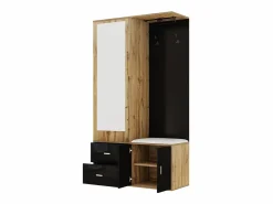 KOMHTOM Armario De Entrada|Elegante conjunto de armario en y madera en bruto con espejo, mueble zapatero, banco zapatero con ganchos y perchas correderas