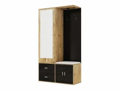 KOMHTOM Armario De Entrada|Elegante conjunto de armario en y madera en bruto con espejo, mueble zapatero, banco zapatero con ganchos y perchas correderas
