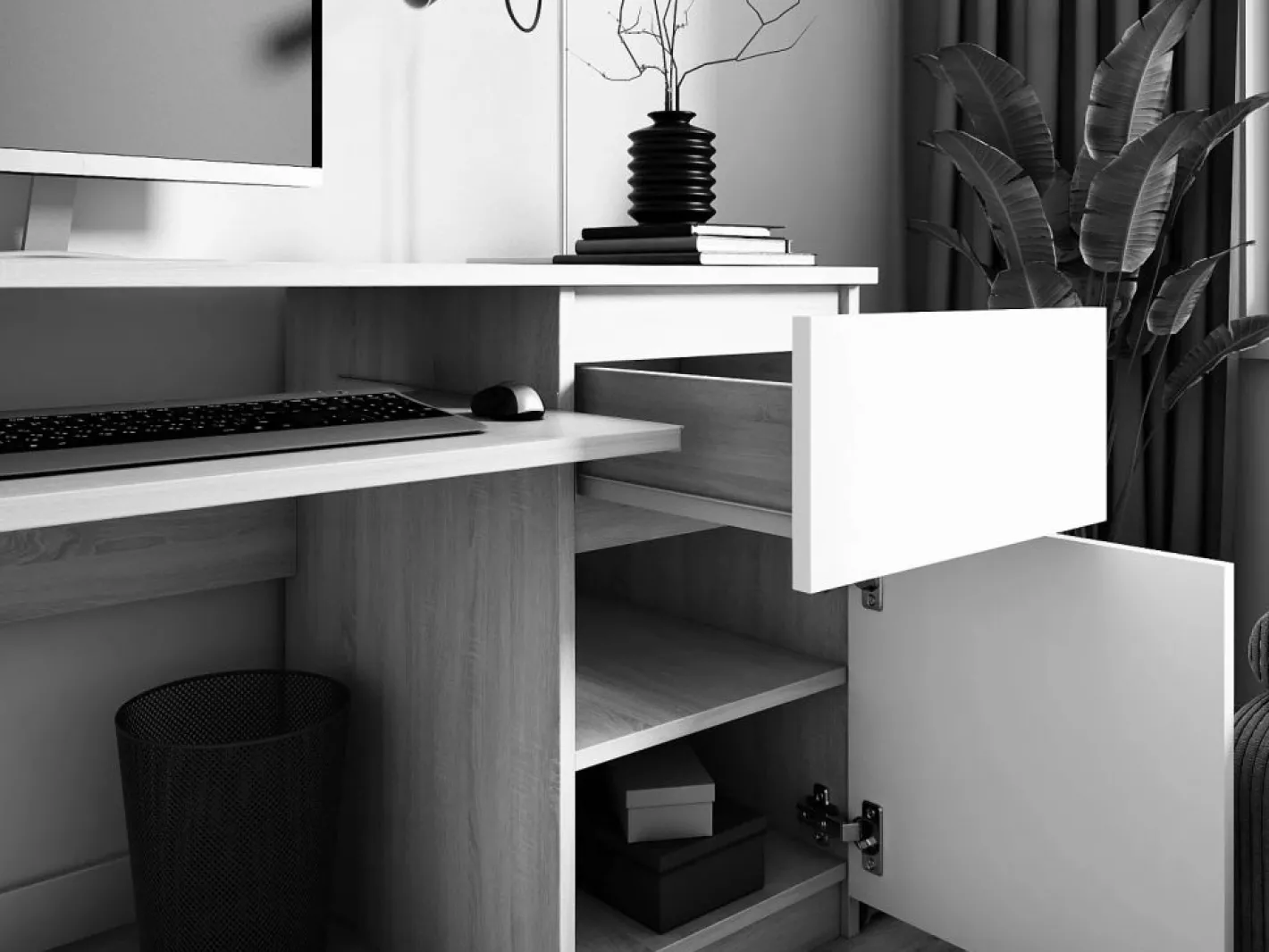 Escritorio 2 cajones, 2 puertas, 5 estantes, / Brillante, 135 x 77 x 50 cm^