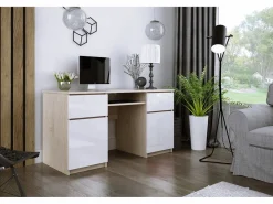 Escritorio 2 cajones, 2 puertas, 5 estantes, sonoma/Blanco Brillante, largo: 135 cm, alto: 77 cm, fondo: 50 cm,^ Outlet