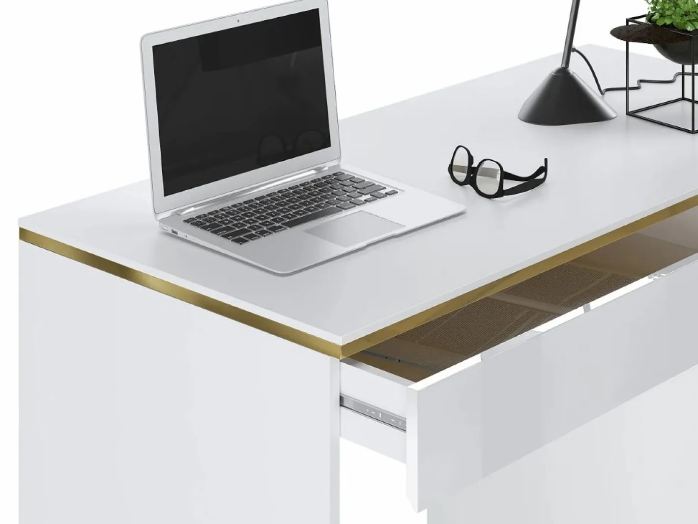 Vente-unique Escritorio con 5 cajones en color brillante y dorado - VUKIA Blanco Clearance