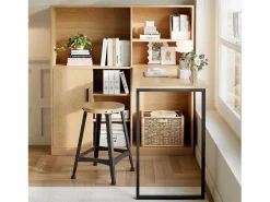 Escritorio con 1 puerta y 6 nichos, estructura de MDF chapado en imitación madera natural clara y metal negro - 120x50x120cm^Hauss Spole New